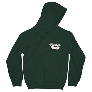 Don't Trip OG Hoodie in dark green with white and dark green Free & Easy logo design on front left side on a white background - Free & Easy