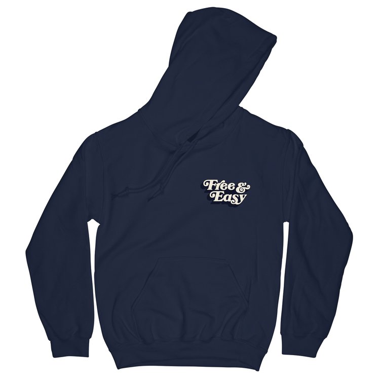 Don't Trip OG Hoodie in navy with white and navy Free & Easy logo design on front left side on a white background - Free & Easy