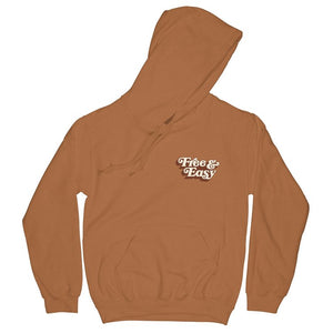 Don't Trip OG Hoodie in light brown with white and light brown Free & Easy logo design on front left side on a white background - Free & Easy