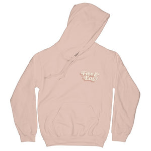 Don't Trip OG Hoodie in light pink with white and light pink Free & Easy logo design on front left side on a white background - Free & Easy