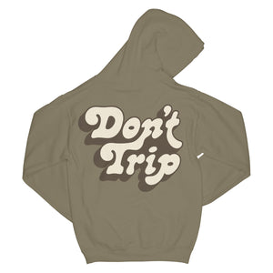 Don't Trip Drop Shadow OG Hoodie in safari with white and brown Don't Trip logo on back on white background - Free & Easy