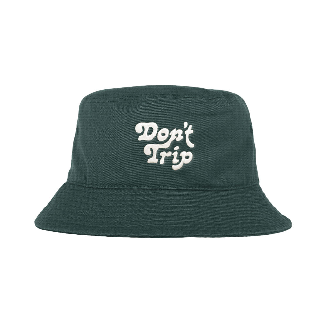 Free & Easy Don't Trip Canvas Bucket Hat in dark green with white Don't Trip embroidery on a white background - Free & Easy