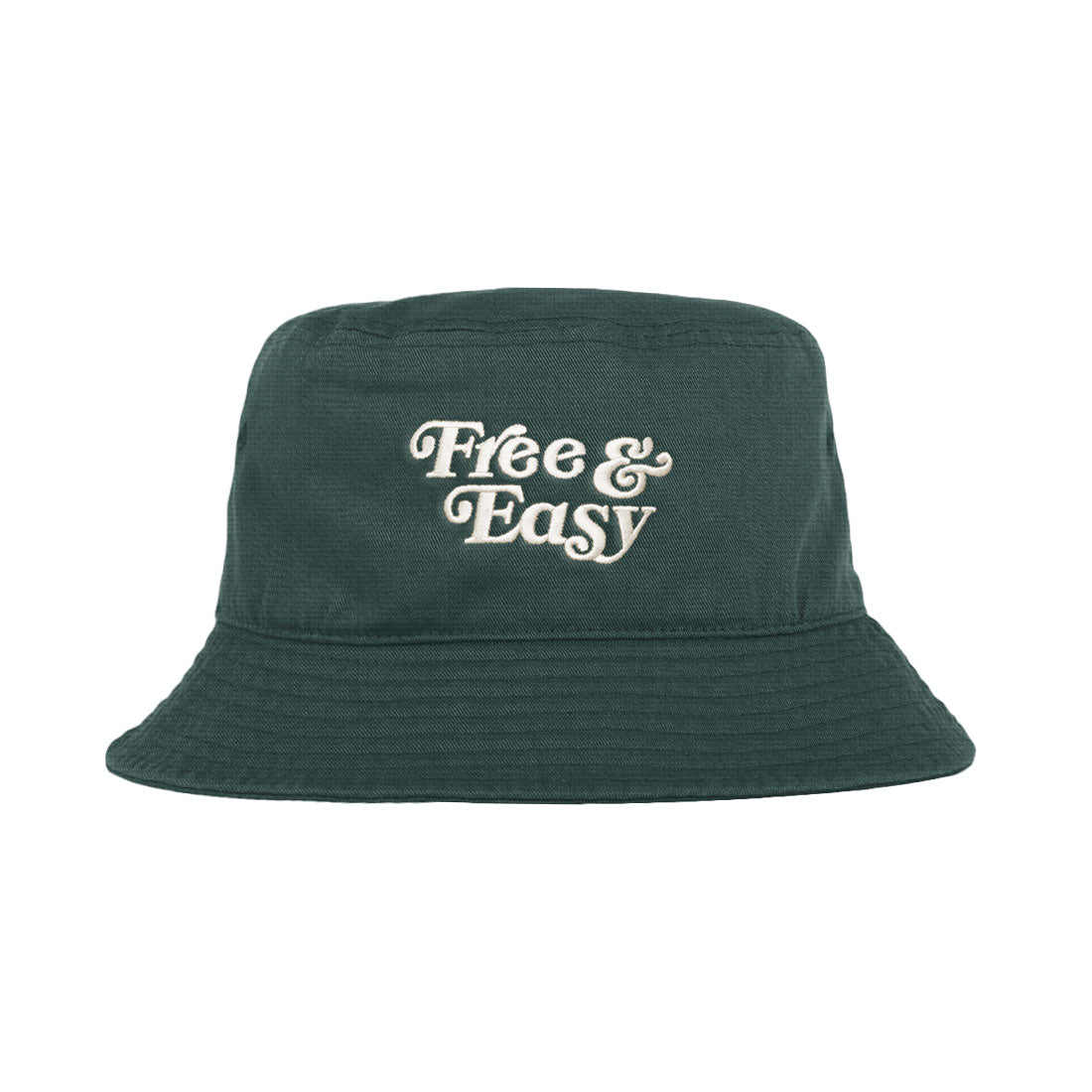 Free & Easy Don't Trip Canvas Bucket Hat in dark green with white Free & Easy embroidery on a white background - Free & Easy