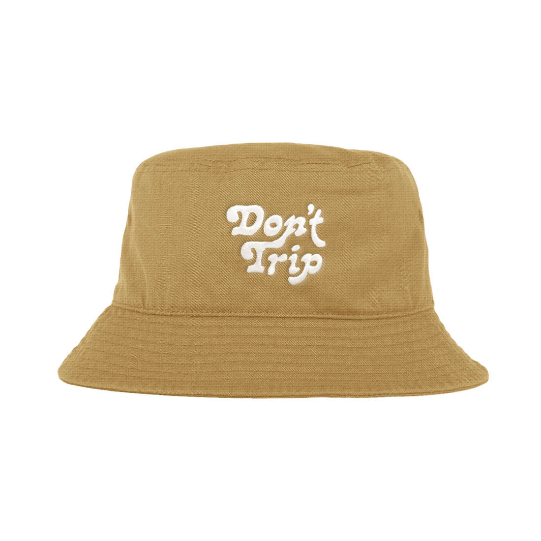 Free & Easy Don't Trip Canvas Bucket Hat in mustard with white Don't Trip embroidery on a white background - Free & Easy