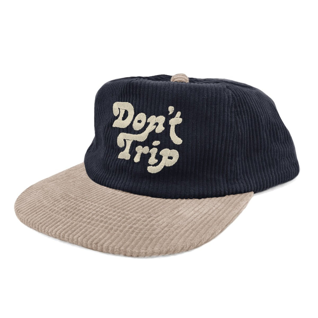 Don't Trip navy corduroy cream brim hat with white embroidered Don't Trip logo on a white background - Free & Easy