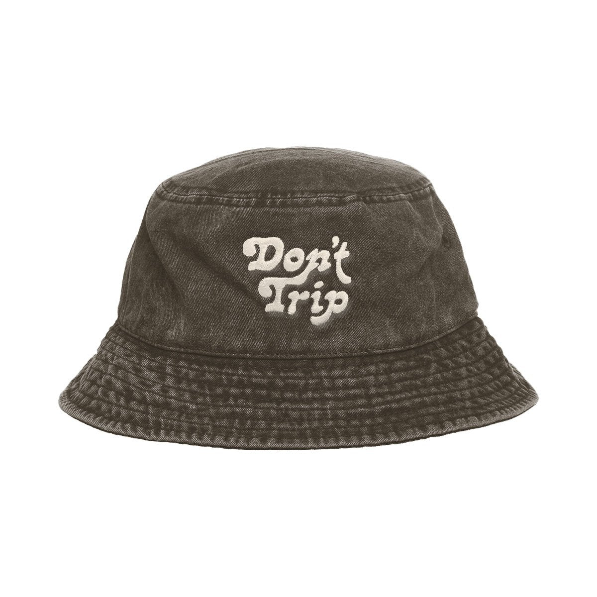 Free & Easy Don't Trip Washed Brown Bucket Hat with white Don't Trip embroidery on a white background, front - Free & Easy