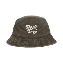 Load image into Gallery viewer, Free &amp; Easy Don&#39;t Trip Washed Brown Bucket Hat with white Don&#39;t Trip embroidery on a white background, front - Free &amp; Easy
