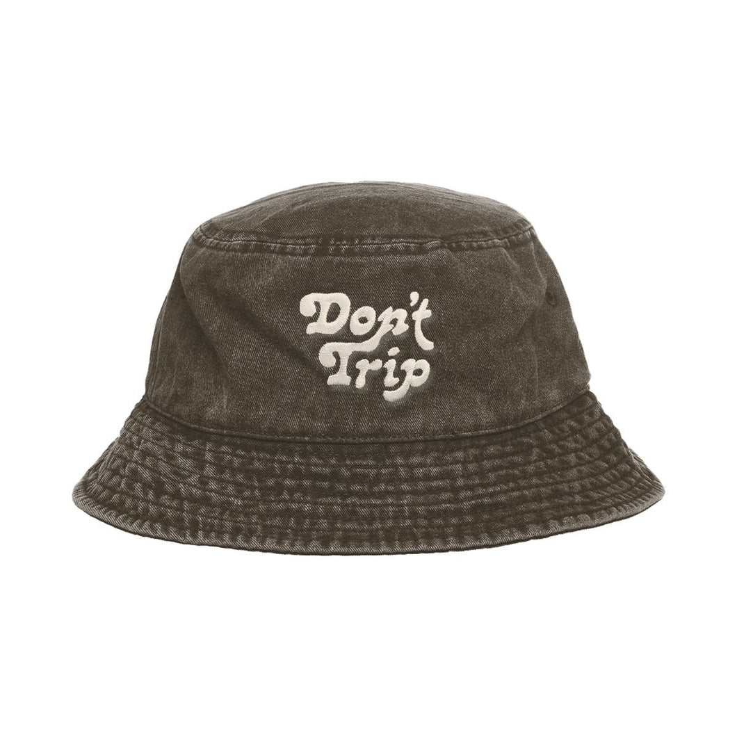 Free & Easy Don't Trip Washed Brown Bucket Hat with white Don't Trip embroidery on a white background, front - Free & Easy
