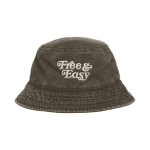 Free & Easy Don't Trip Washed Brown Bucket Hat with white Free & Easy embroidery on a white background, back - Free & Easy