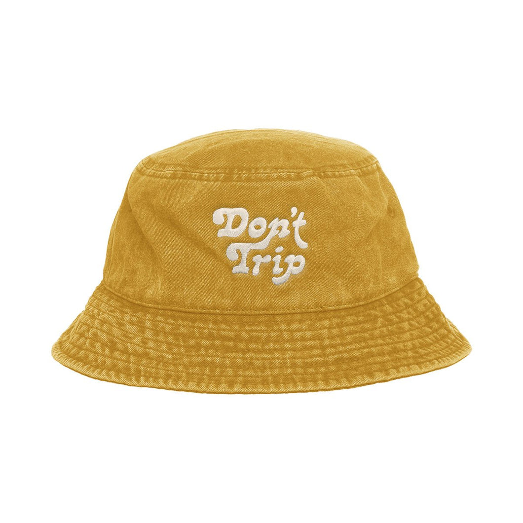 Free & Easy Don't Trip Washed Yellow Bucket Hat with white Don't Trip embroidery on a white background - Free & Easy