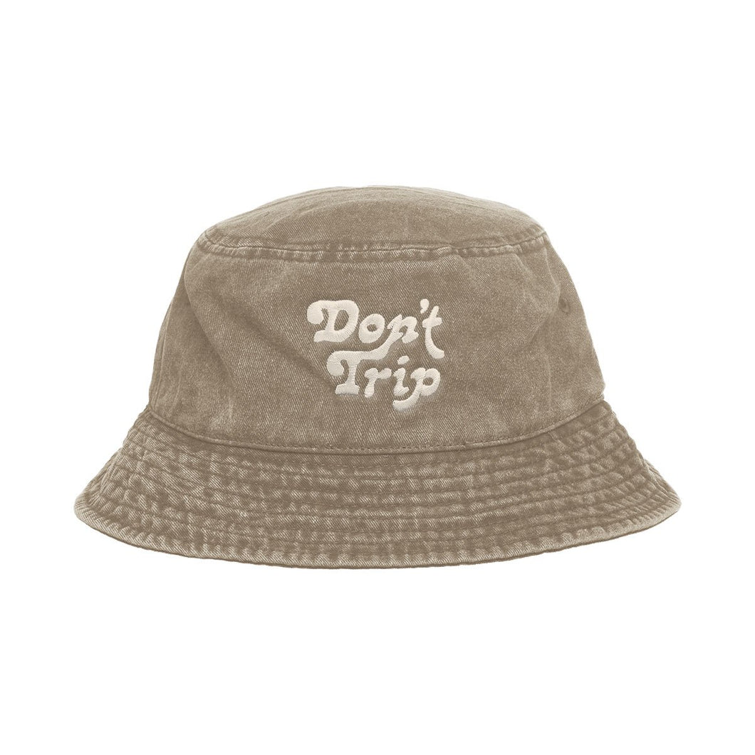 Free & Easy Don't Trip Washed Khaki Bucket Hat with white Don't Trip embroidery on a white background - Free & Easy