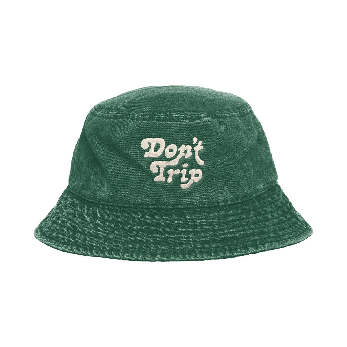 Free & Easy Don't Trip Washed Green Bucket Hat with white Don't Trip embroidery on a white background, front - Free & Easy