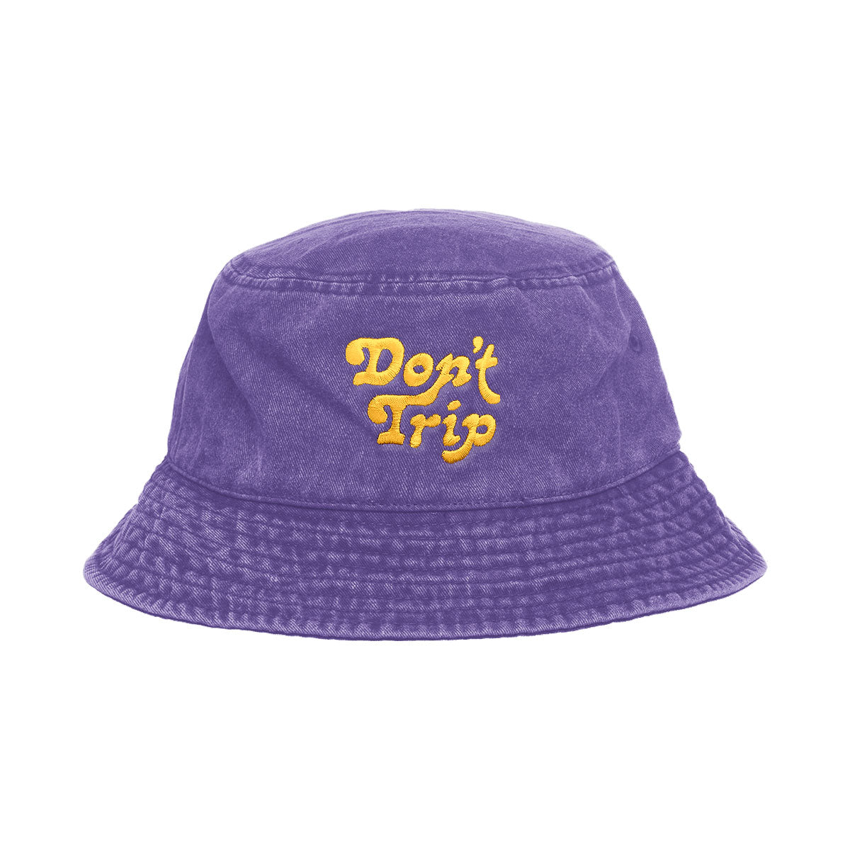 Free & Easy Don't Trip Washed Purple Bucket Hat with yellow Don't Trip embroidery on a white background - Free & Easy