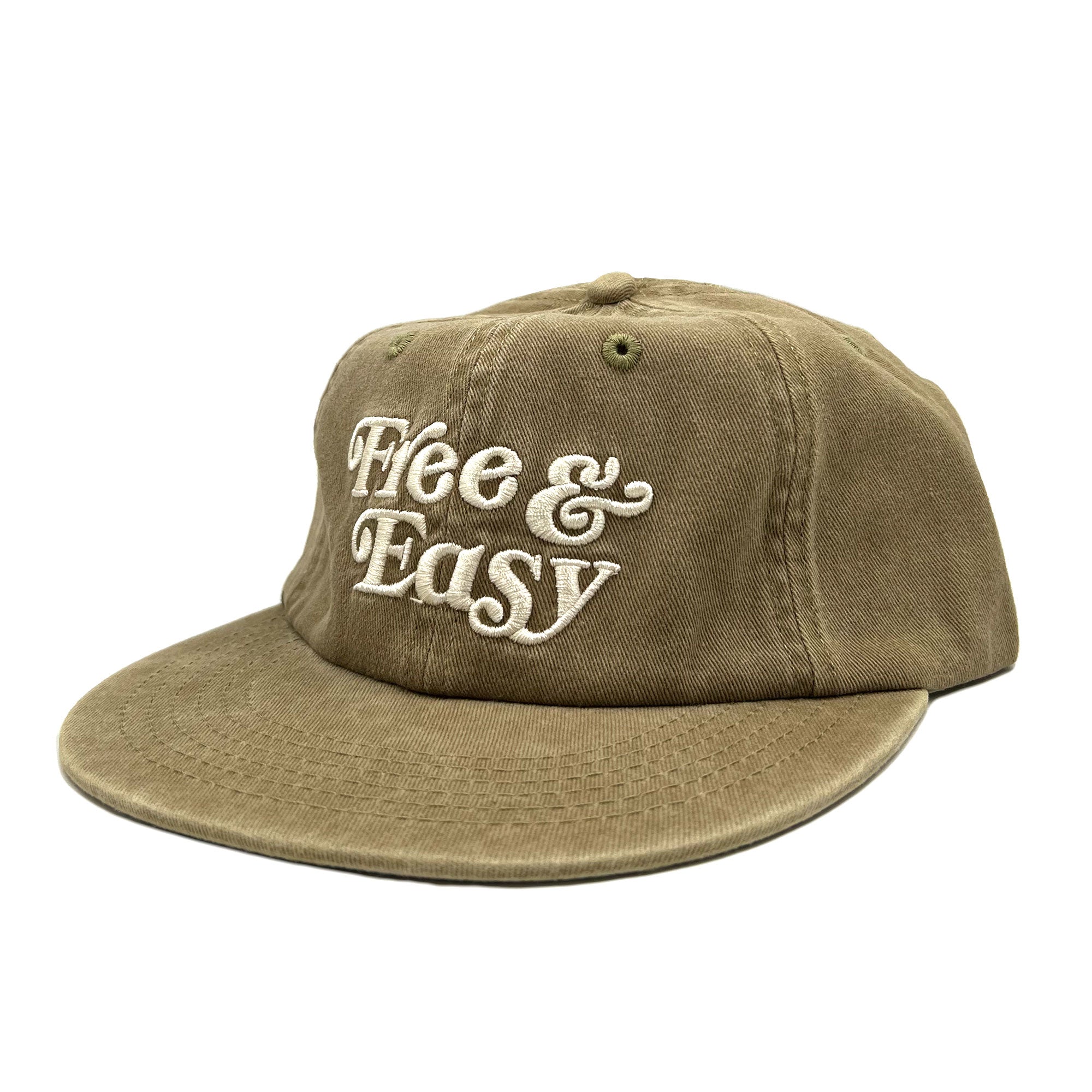 Free & Easy washed khaki hat with white embroidered Don't Trip logo on white background - Free & Easy