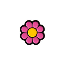 Load image into Gallery viewer, Flower Enamel Pin in pink, yellow, and black on a white background -Free &amp; Easy
