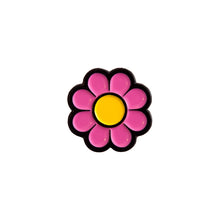 Load image into Gallery viewer, Flower Enamel Pin in pink, yellow, and black on a white background -Free &amp; Easy
