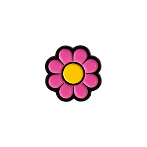 Flower Enamel Pin in pink, yellow, and black on a white background -Free & Easy