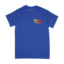 Load image into Gallery viewer, Be Happy LA SS Tee in blue with multicolor LA Don&#39;t Trip smiley face design -Free &amp; Easy
