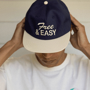 Free & Easy navy hat white brim with white embroidered Free & Easy logo on white background, model pictures - Free & Easy
