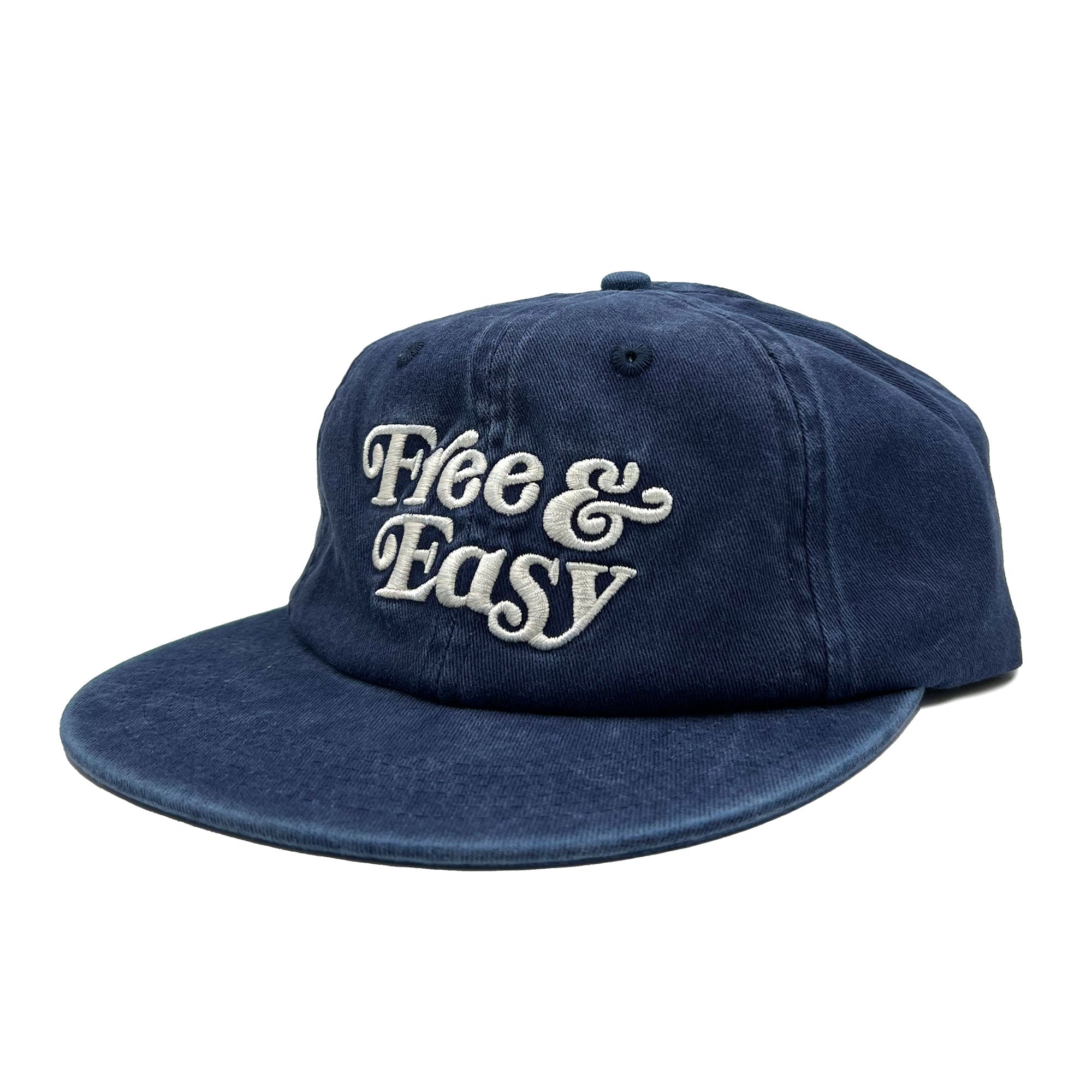 Free & Easy washed navy hat with white embroidered Don't Trip logo on white background - Free & Easy