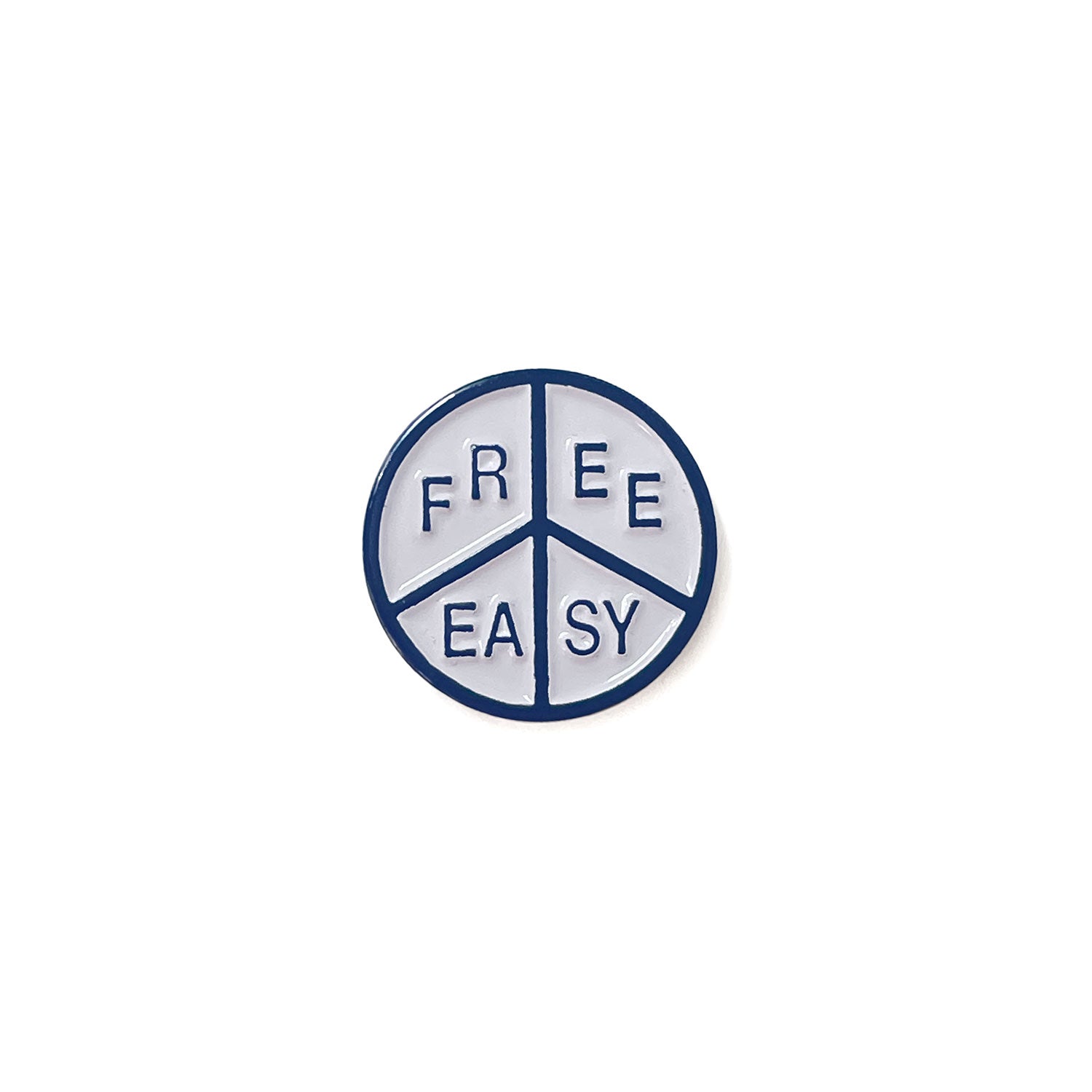 Free & Easy Peace Enamel Pin in navy and white on a white background - Free & Easy
