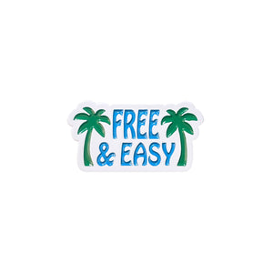 Palm Trees Enamel Pin in blue, green, and white on a white background -Free & Easy
