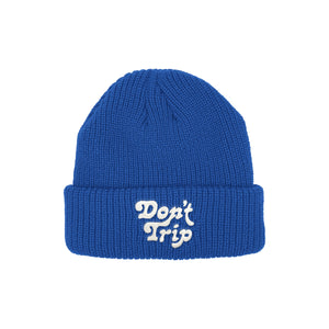 Free & Easy Don't Trip Kids Beanie in blue with white Don't Trip embroidery on a white background, front - Free & Easy