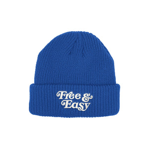 Free & Easy Don't Trip Kids Beanie in blue with white Free & Easy embroidery on a white background, front - Free & Easy