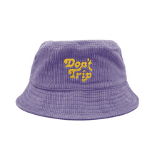 Load image into Gallery viewer, Free &amp; Easy Don&#39;t Trip Fat Corduroy Bucket Hat in purple with yellow Don&#39;t Trip embroidery on a white background - Free &amp; Easy
