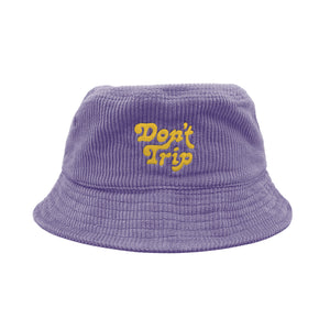 Free & Easy Don't Trip Fat Corduroy Bucket Hat in purple with yellow Don't Trip embroidery on a white background - Free & Easy