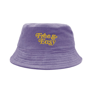 Free & Easy Don't Trip Fat Corduroy Bucket Hat in purple with yellow Free & Easy embroidery on a white background - Free & Easy