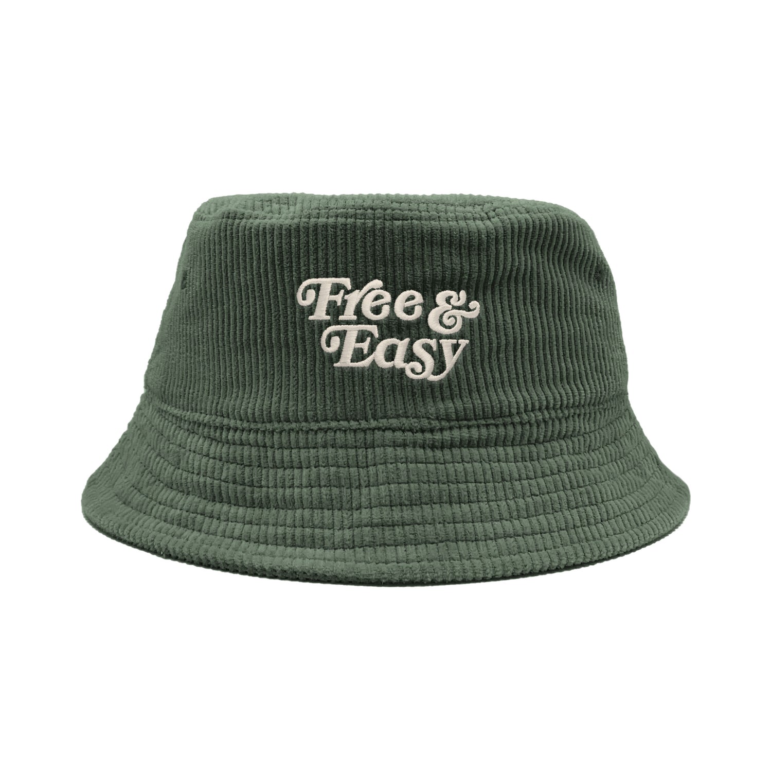 Free & Easy Don't Trip Fat Corduroy Bucket Hat in olive with white Free & Easy embroidery on a white background - Free & Easy