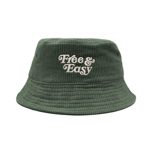 Free & Easy Don't Trip Fat Corduroy Bucket Hat in olive with white Free & Easy embroidery on a white background - Free & Easy