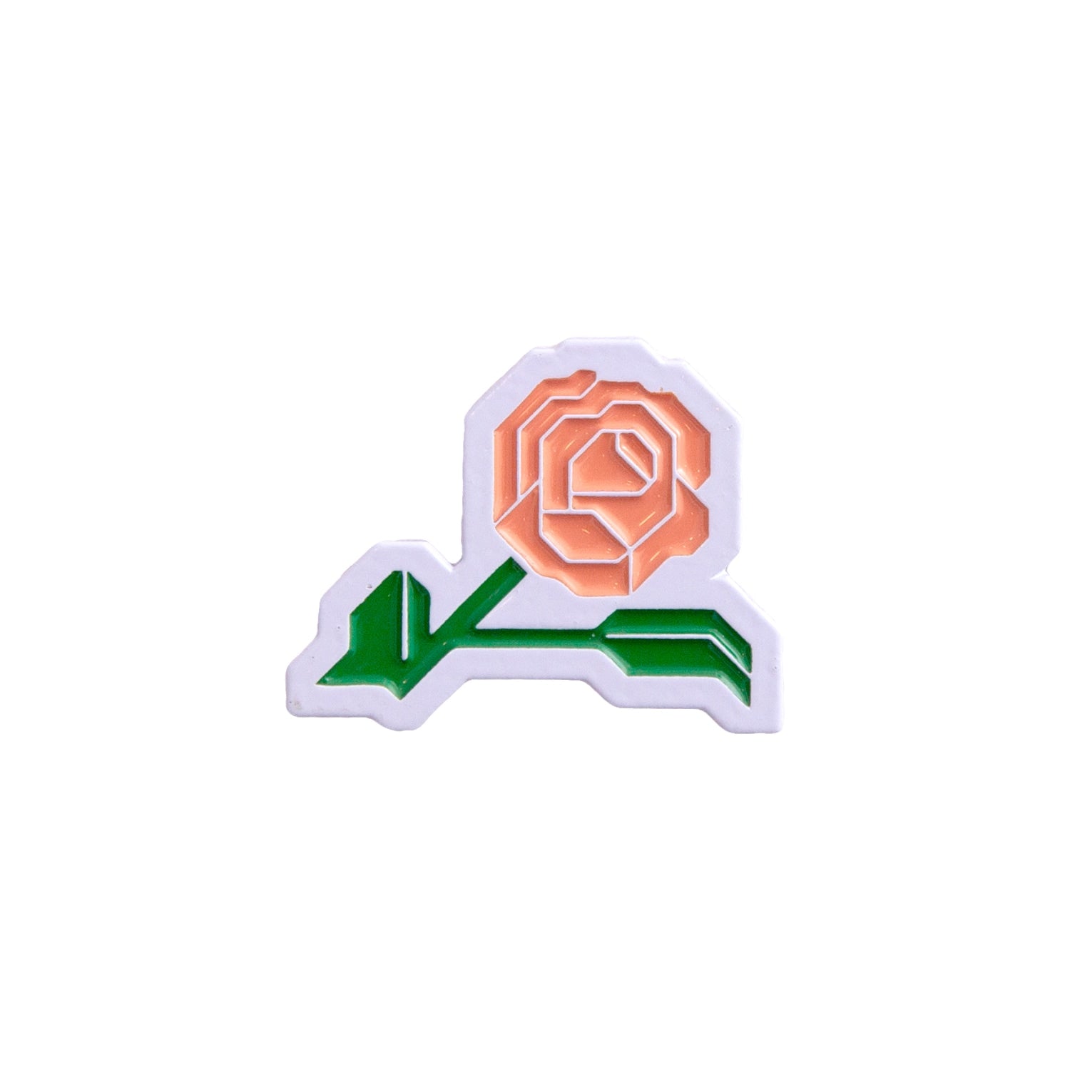 Rose Enamel Pin in pink, green, and white on a white background - Free & Easy