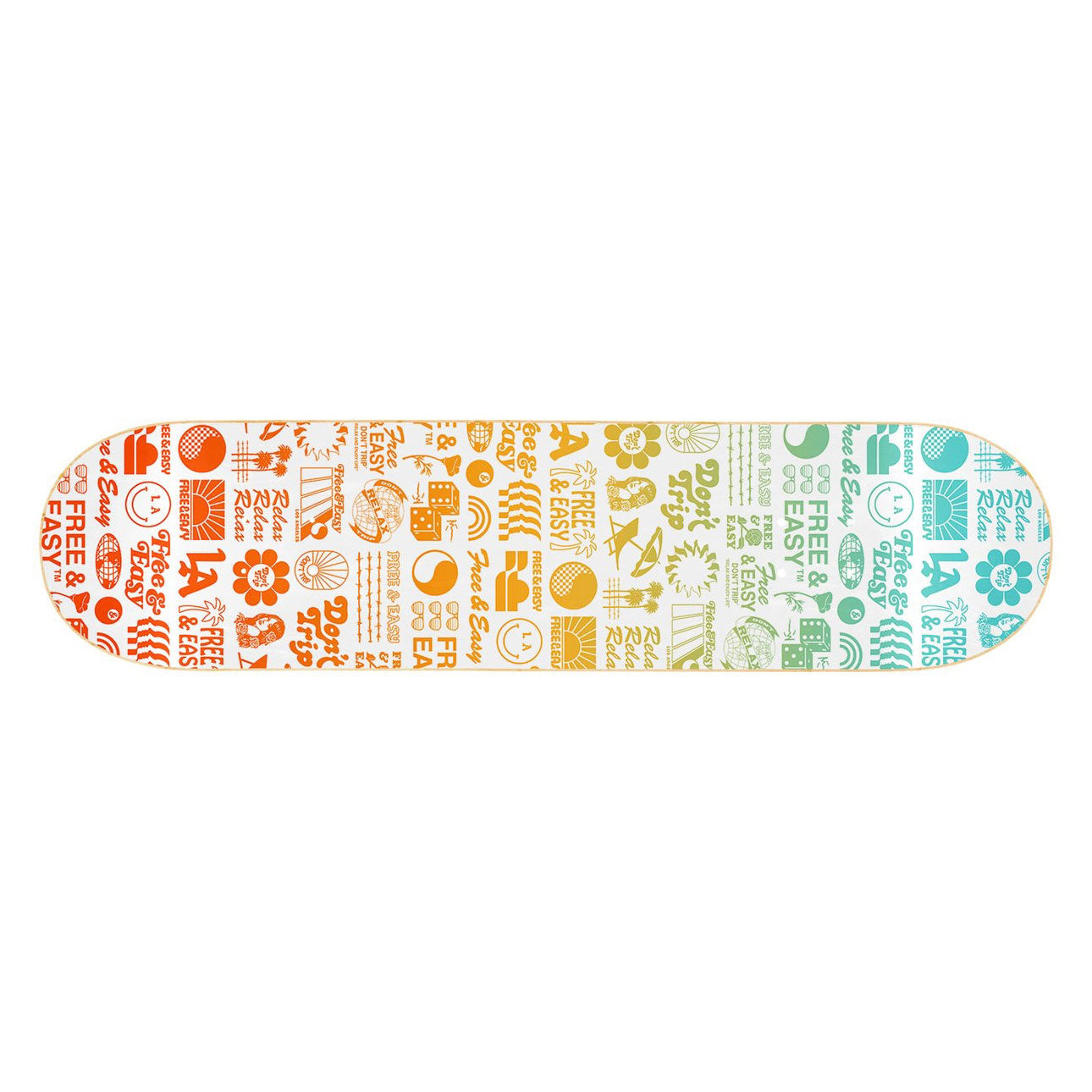 Multicolor Logos Skateboard Deck on a white background