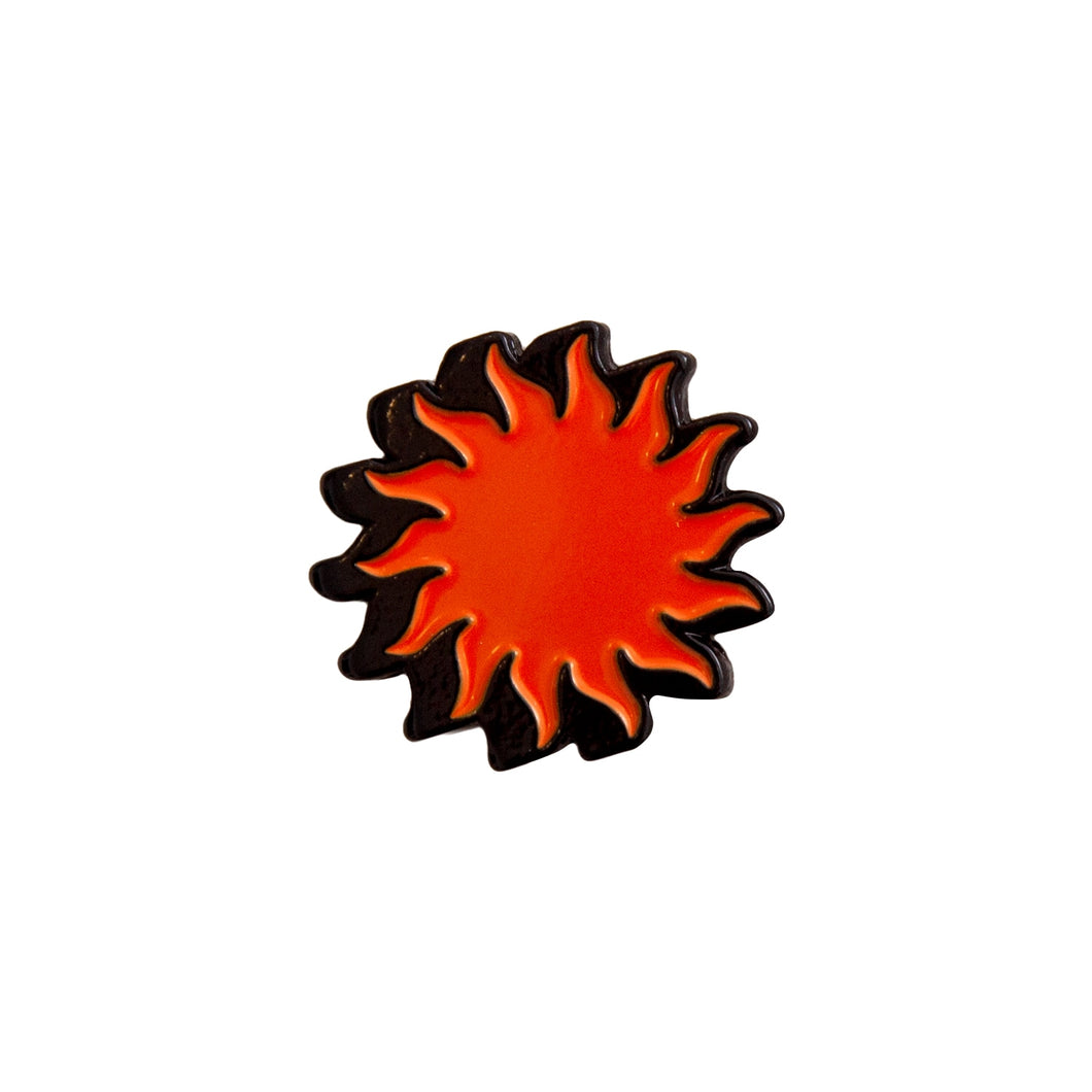 Sun Shadow Enamel Pin in orange and black on a white background -Free & Easy