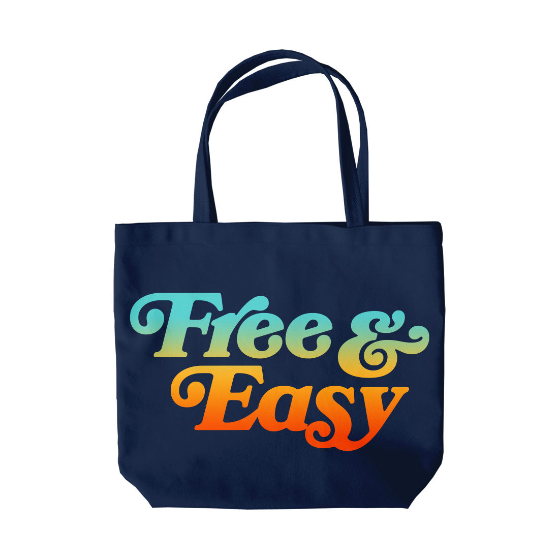 Don't Trip navy tote bag with multicolor Free & Easy logo, back -Free & Easy