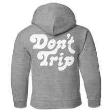 Load image into Gallery viewer, Don&#39;t Trip Kids Hoodie in grey with white Don&#39;t Trip logo on back on a white background - Free &amp; Easy
