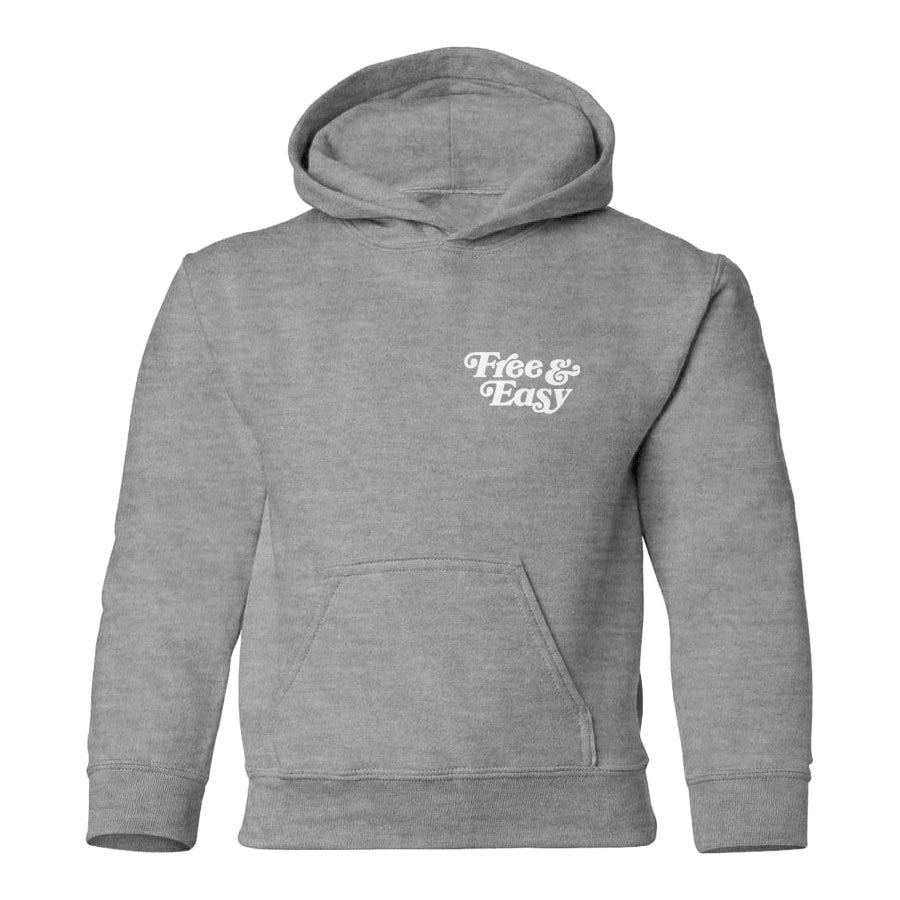 Don't Trip Kids Hoodie in grey with white Free & Easy logo on left front chest on a white background - Free & Easy