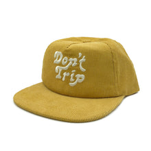 Load image into Gallery viewer, Don&#39;t Trip Corduroy Snapback Hat in yellow with white Don&#39;t Trip embroidery on a white background -Free &amp; Easy
