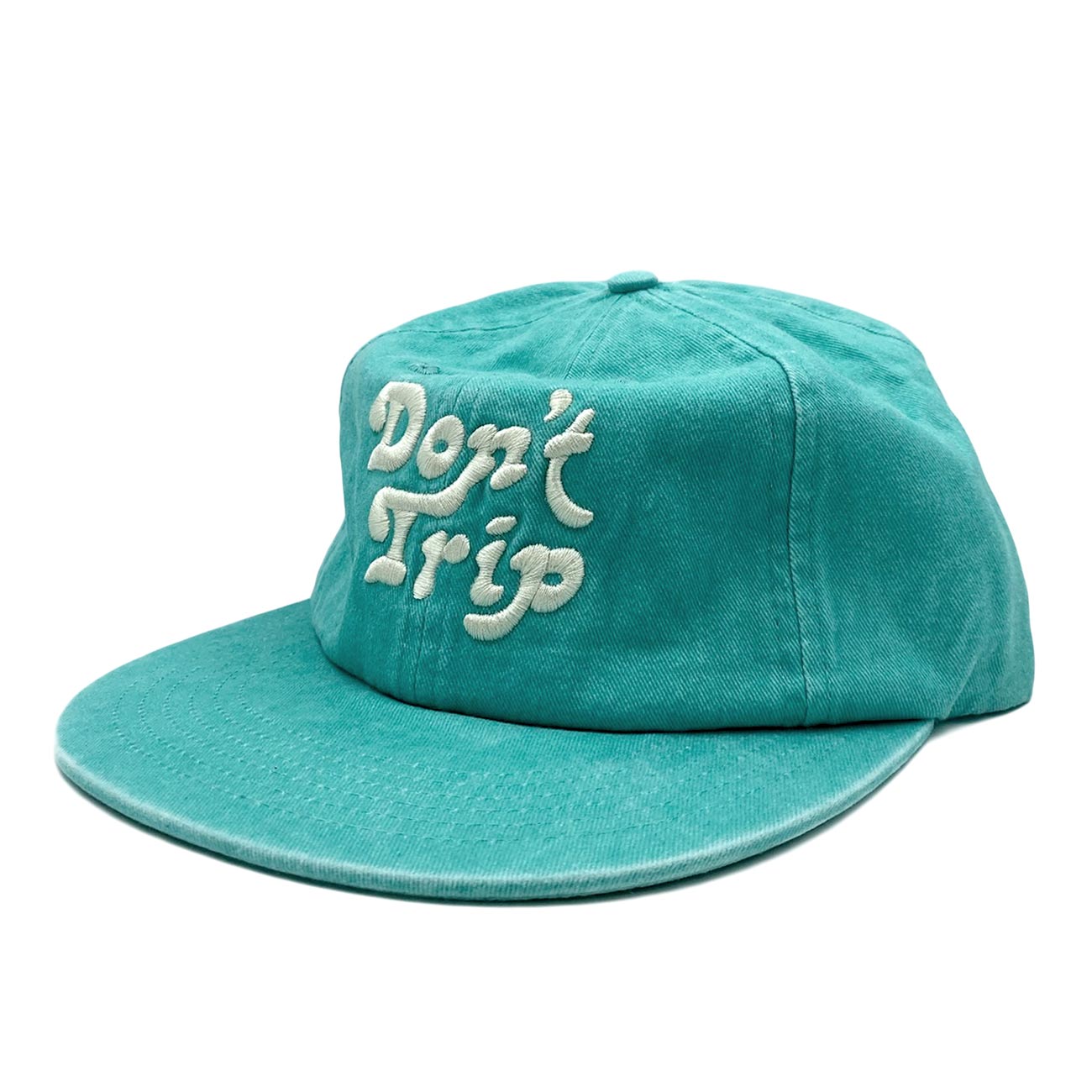 Don't Trip washed teal hat with white embroidered Don't Trip logo on white background - Free & Easy