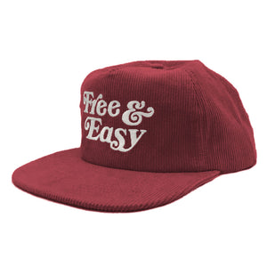 Free & Easy Corduroy Snapback Hat in burgundy with white Free & Easy embroidery on a white background -Free & Easy