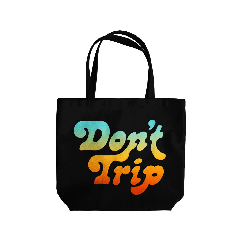 Don't Trip black tote bag with multicolor Don't Trip logo on a white background, front -Free & Easy