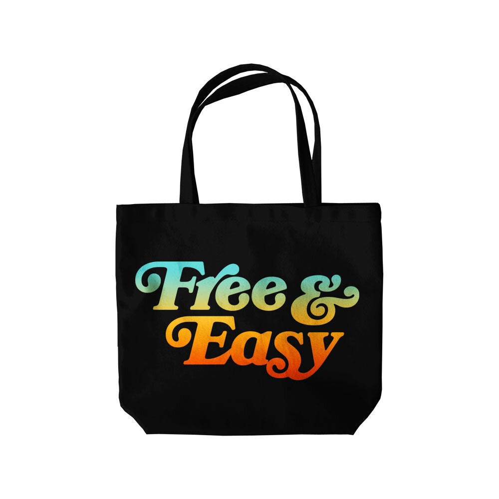Don't Trip black tote bag with multicolor Free & Easy logo on a white background, back -Free & Easy