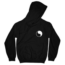 Load image into Gallery viewer, Don&#39;t Trip OG Hoodie in black with white yin yang design on front left side on a white background - Free &amp; Easy
