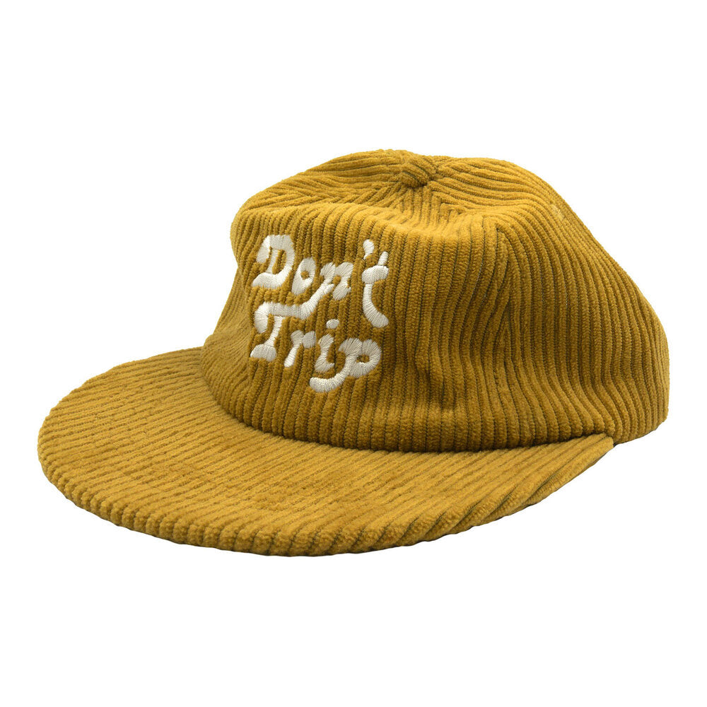 Don't Trip Fat Corduroy Hat in mustard with white Don't Trip embroidery on a white background -Free & Easy