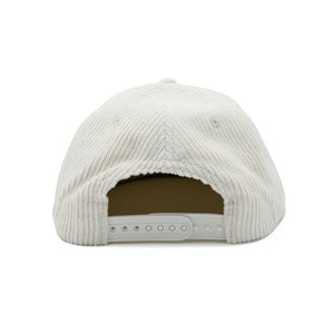 Don't Trip white corduroy hat with orange and black embroidered Don't Trip logo on a white background, back - Free & Easy