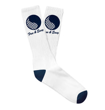 Load image into Gallery viewer, Checkered Yin Yang white socks with navy Yin Yang design on white background - Free &amp; Easy
