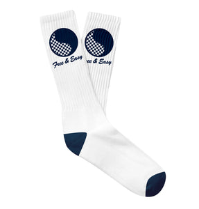 Checkered Yin Yang white socks with navy Yin Yang design on white background - Free & Easy