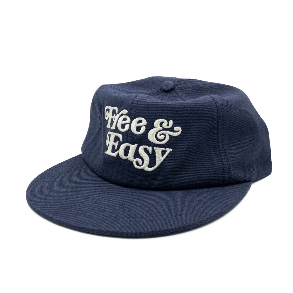 Free & Easy navy hat with white embroidered Don't Trip logo on white background - Free & Easy